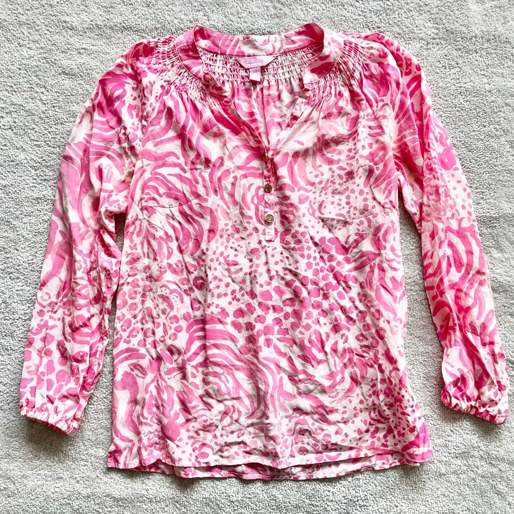 LILLY PULITZER 100% SILK ELSA SEMI SHEER TOP GET SPOTTED SIZE XXS PREPPY - Picture 10 of 10